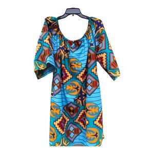 New Lapogee 3X TURQ GEO OFF‎ SHLDR PRT Dress